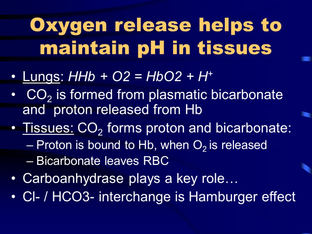 Oxygen release helps to maintain pH in tissues Lungs: HHb + O2 = HbO2